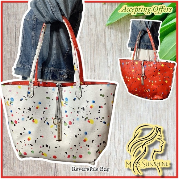 Unique and Fun - Reversible White and Red polka dot - paint splatter Tote Bag - Picture 1 of 7